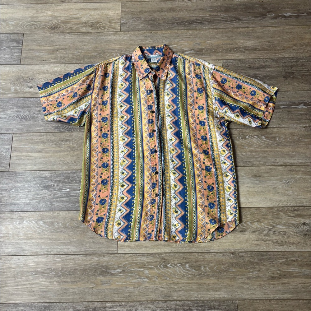 One Resource Shirt Sz M 100% Silk Floral Cottagecore Vintage Retro Grandma Boho